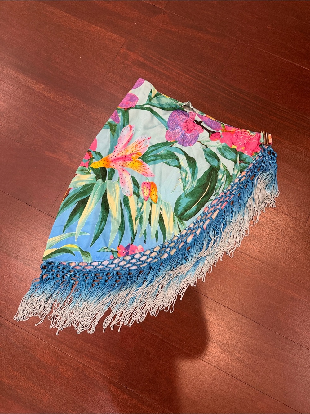 Ramy Brook Tropical Floral Blue Pink Yellow Fringe Sarong